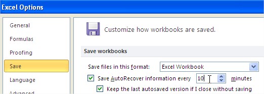 auto file recovery Excel Options auto recover frequency